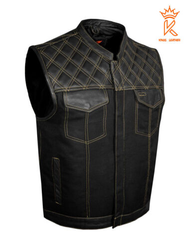Men Black/Denim Leather Club Motorbike Gold Thread Diamond Stitching Waistcoat - Afbeelding 1 van 6