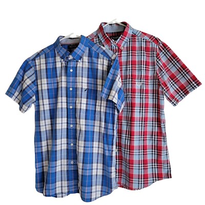 Cromoncent Men's Summer Casual Short Sleeve Buffalo Plaid Shirt - Cotton Blend, Button Down, Dark Blue, Size 3XL