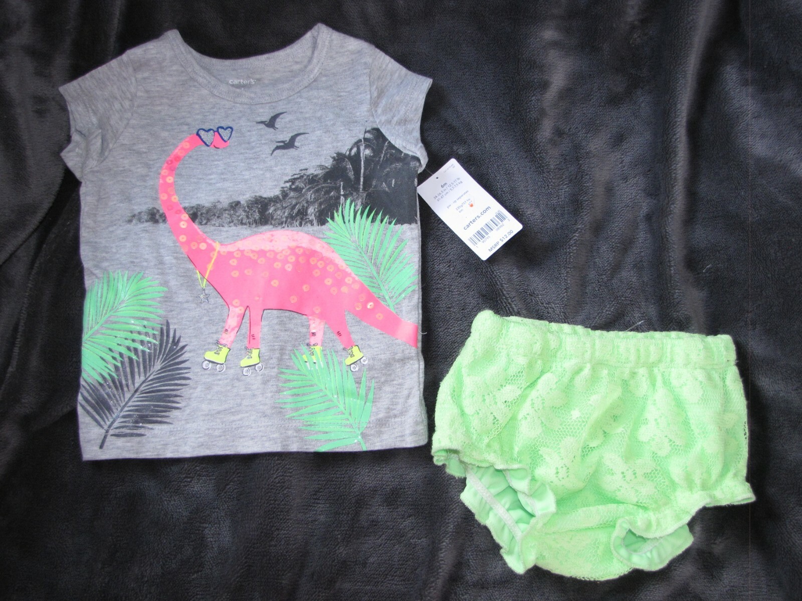 CARTERS BABY GIRL DINOSAUR OUTFIT HOT PINK NEON GREEN SEQUIN SPARKLE