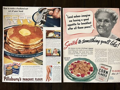 Vintage 1940 Kelloggs Corn Flakes And A Pillsbury Pancake Flour Ad.