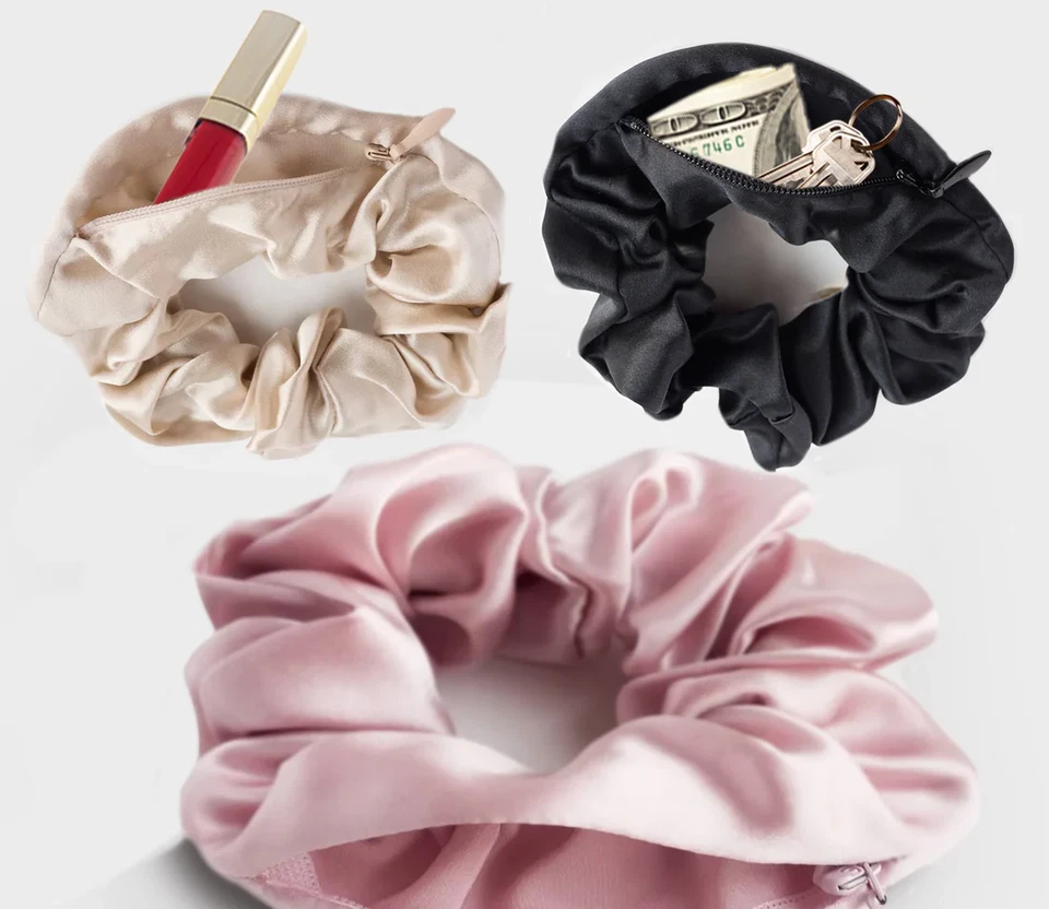 3 laços de cabelo crocantes de seda amoreira com zíper escondido bolso esconderijo cabelo crocante - Imagem 4 de 4