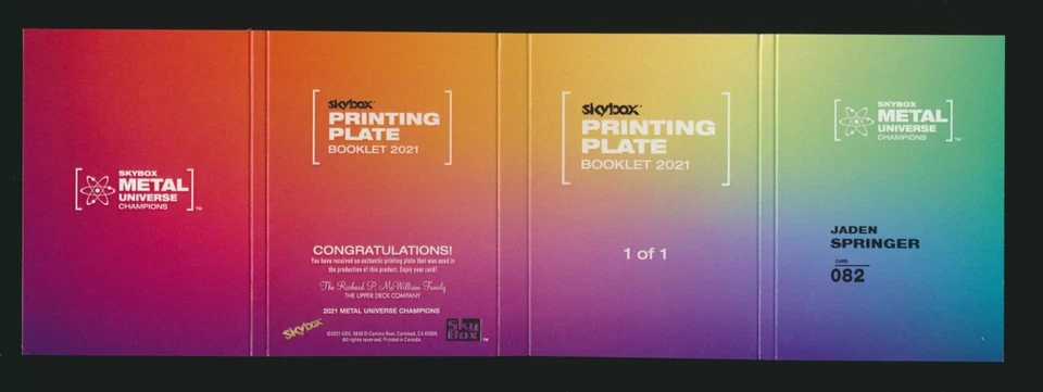 2021 Skybox Metal Champions Printing Plate Booklet 1/1 #82 Jaden Springer RC - Image 2 of 2