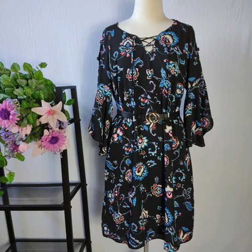 Table 8 Womens Size 8 Black Blue Floral Flared Cut Out Cold Shoulder Dress - Picture 2 of 9