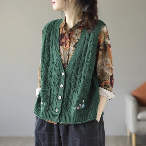 Women Knit Vest Hollow-out Tank Sleeveless Cardigan Gilet Embroidered Sweater - Picture 15 of 19