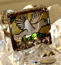 Handcrafted Art Resin Adjustable Stainless Steel Open Ring, Swan with Rhinestone