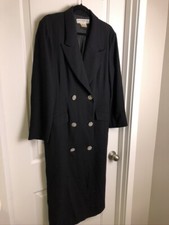 Vintage 80s Jaeger Black Wool Dress Coat Sz 12 Rhinestone Buttons Great Britain
