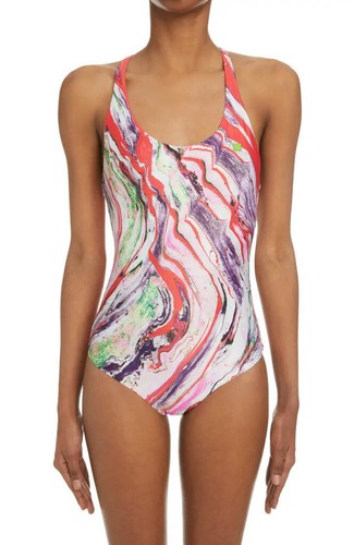 ACNE STUDIOS Witala Face Marble Print One-Piece Swimsuit Sz S