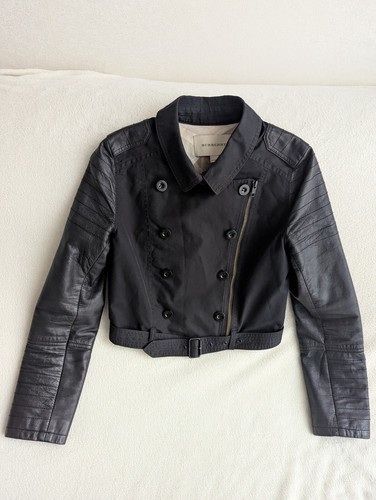 BURBERRY Girls Womens Button Jacket Leather Sleeves Cropped Biker Moto XS 14 Yrs - Picture 4 of 17