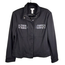 Chico's Classic Black Full Zip Jacket w Leather Trim Minimalist Blazer sz 2 12
