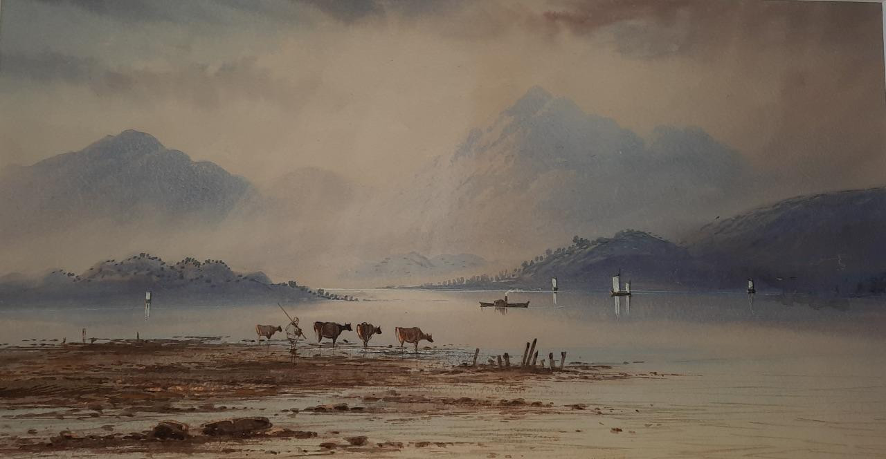 Antique Fine Art Watercolour Painting of Eastern River with Cattle and Boats