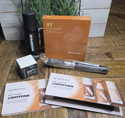 6pc Morphe Set 9T Palette, Brush, Setting Spray, Brow Wax & 2 Sample Foundation 