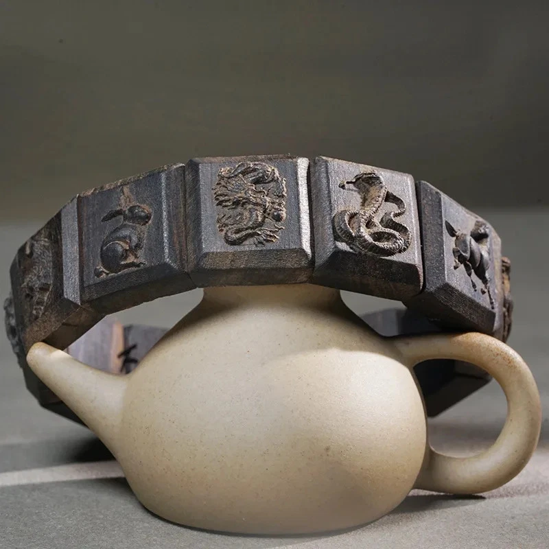 1Pc Chinese Agarwood Carving Chinese Zodiac Bracelet, Wooden Carving Jewelry - Image 2 of 4