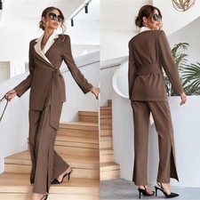 Fashion Women Suit Belt Double Breasted Jacket White Lapel Street Style Modern