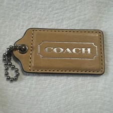 Coach Light Tan Leather Large Fob 3 Silver Accent Hang tag with Chain