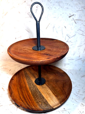 Handmade Acacia wood two tier party server, display,light refinish, Exc Cond
