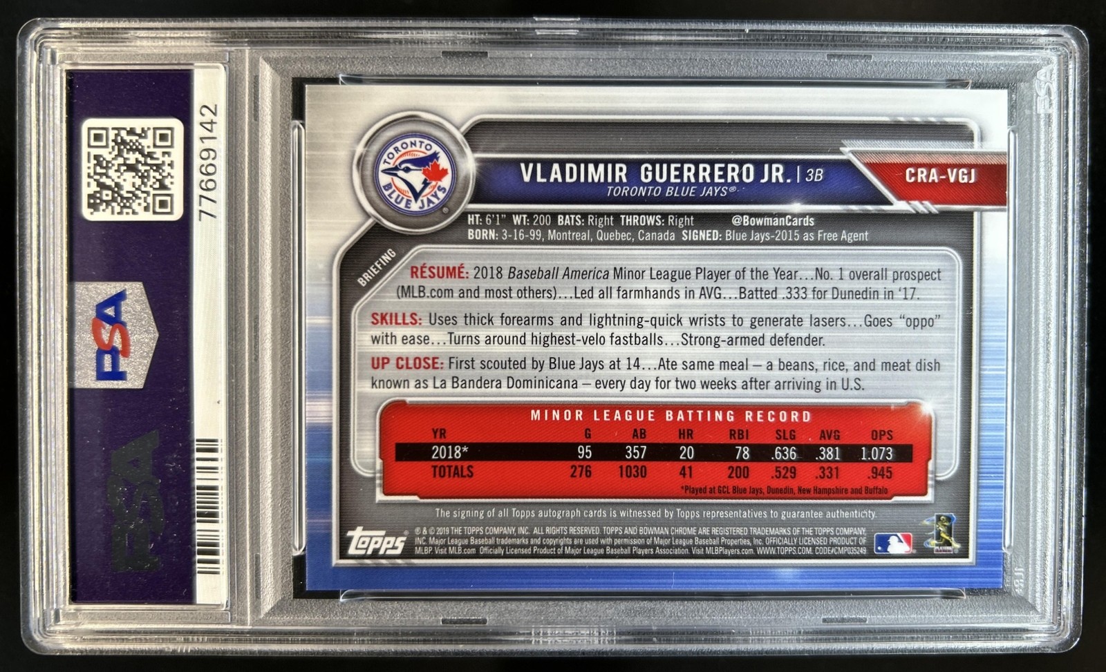 2019 Bowman Chrome Vladimir Guerrero Jr. Rookie Auto Orange Refractor /25 PSA 10 view 2