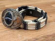 Vintage TONY LAMA 7153 Native Bone Bead Leather Silver Concho Western Belt