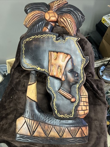 Vintage African Hardwood Hand Carved Wall Decor  14” X 22”