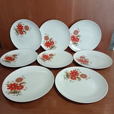 Service Porcelaine Winterling, 8 Assiettes Plates 24cm Décor Fleurs Orange, 70's