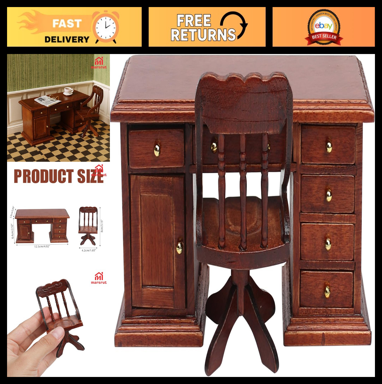 Miniature Wooden Dollhouse Desk & Chair Set - 1/12 Scale Office Furniture, Retro