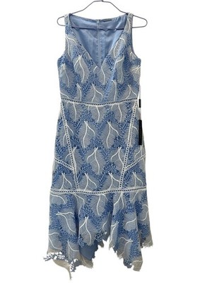 Elie Tahari NWT Blue White Sleeveless Floral Lace Midi Dress Sz 4 Coquette