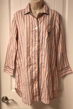 Chaps pink black striped buttons up cotton thin nightgown size M