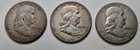 LOT OF 3 1950p, 1952p & 1955p. Ben Franklin Half Dollar 90% Silver Coin