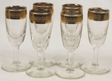 Vtg Gold Encrusted Rim Circles Floral Cordial Liqueur Glass 4" Tall Set of 6