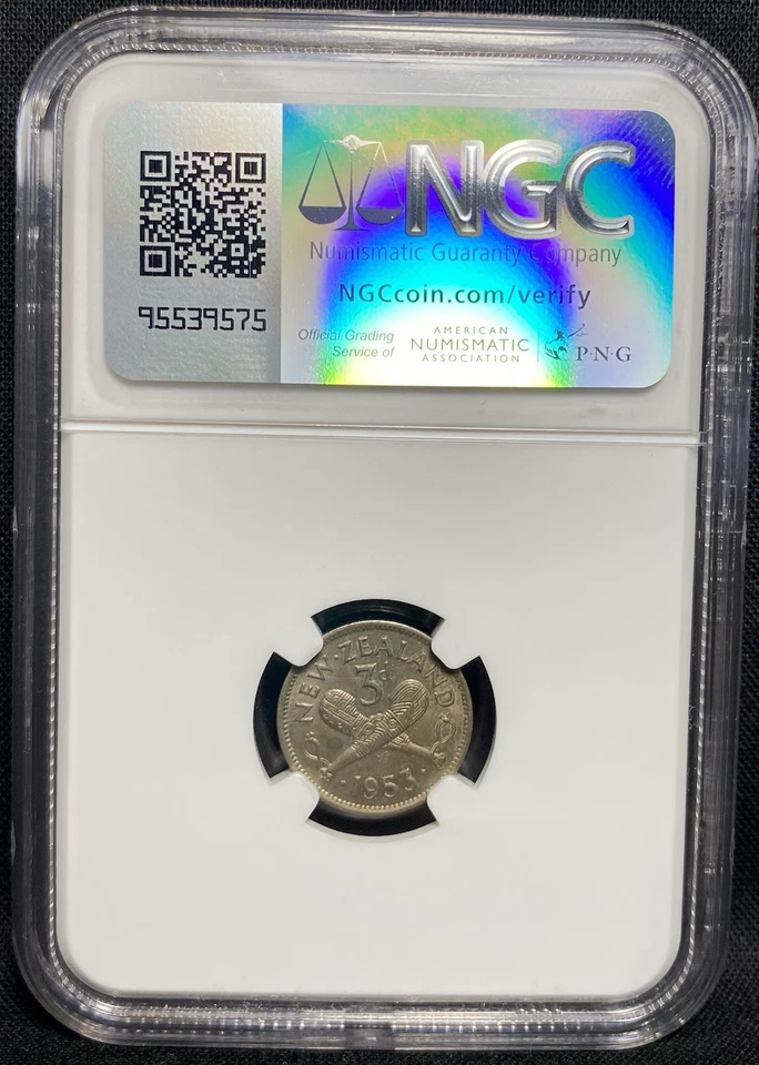 NUEVA ZELANDA 1953 Isabel II Coronación 3p Tres Peniques Gran Bretaña NGC AU58 Foto 4 de 4