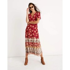 Madewell Tulip-Sleeve Maxi Dress Women's 12 Red Tall Sunflowers Empire Tiered