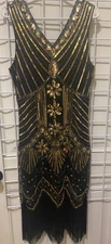 Metme Flapper  Midi Dress Gold Black Beaded Fringe 20s Sz M New Years
