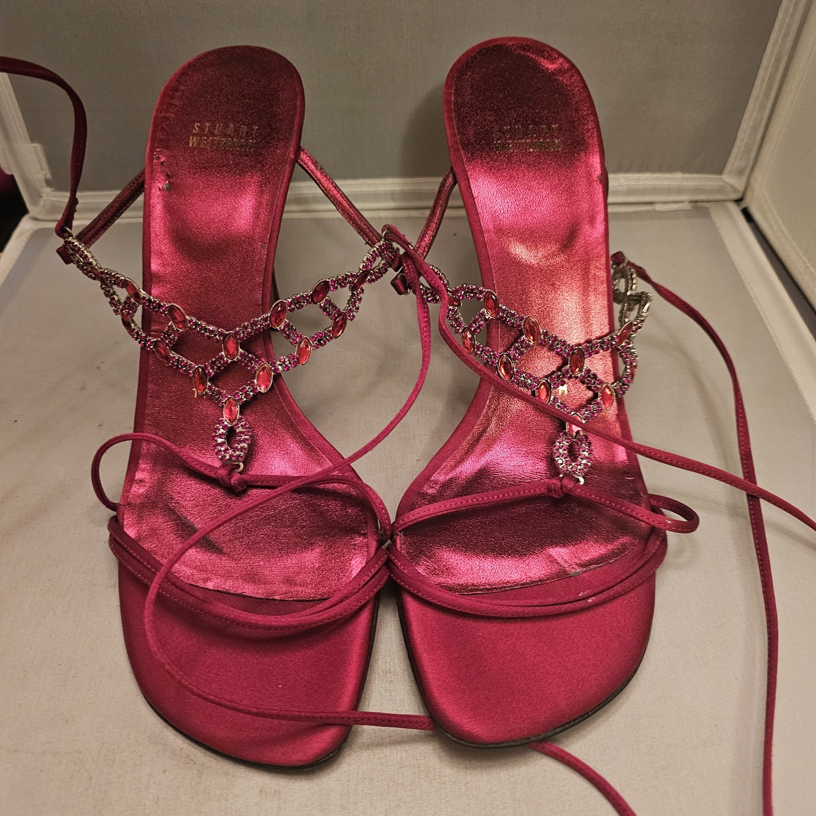 Stuart Weitzman Ruby Red Satin Gladiator 4" High … - image 1
