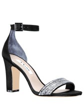 NINA Womens Black Rhinestone Suzette Round Toe Block Heel Buckle Sandals 8 M
