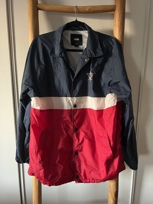 VANS Men's Colorblock Coach Jacket Blue White Red Button Pockets Size L