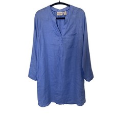 Martha Stewart Linen Tunic Dress Blue Long Sleeve Chic Boho Coastal Minimalist