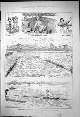 Antiker alter Druck 1877 Bootsrennen Higgins Boyd Fluss Themse Hammersmith Brücke