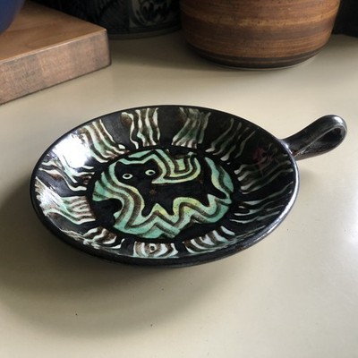 RAS Studio Pottery Bowl Dish With Handle Intense Black Green Cat Denmark