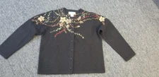 VTG Susan Bristol Floral Cardigan Sweater Hand Embordered Black LARGE