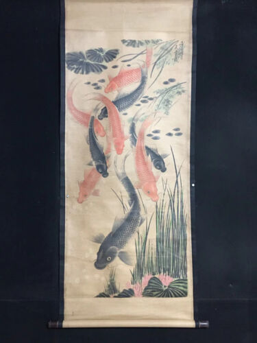 Beau rouleau de peinture chinois ancien sur le poisson par Wu Qingxia - Photo 1/10