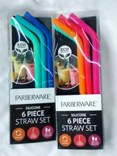 2 Lot Farberware Silicone 6pc Straw Sets  Reusable  Flexible Eco Friendly NIp