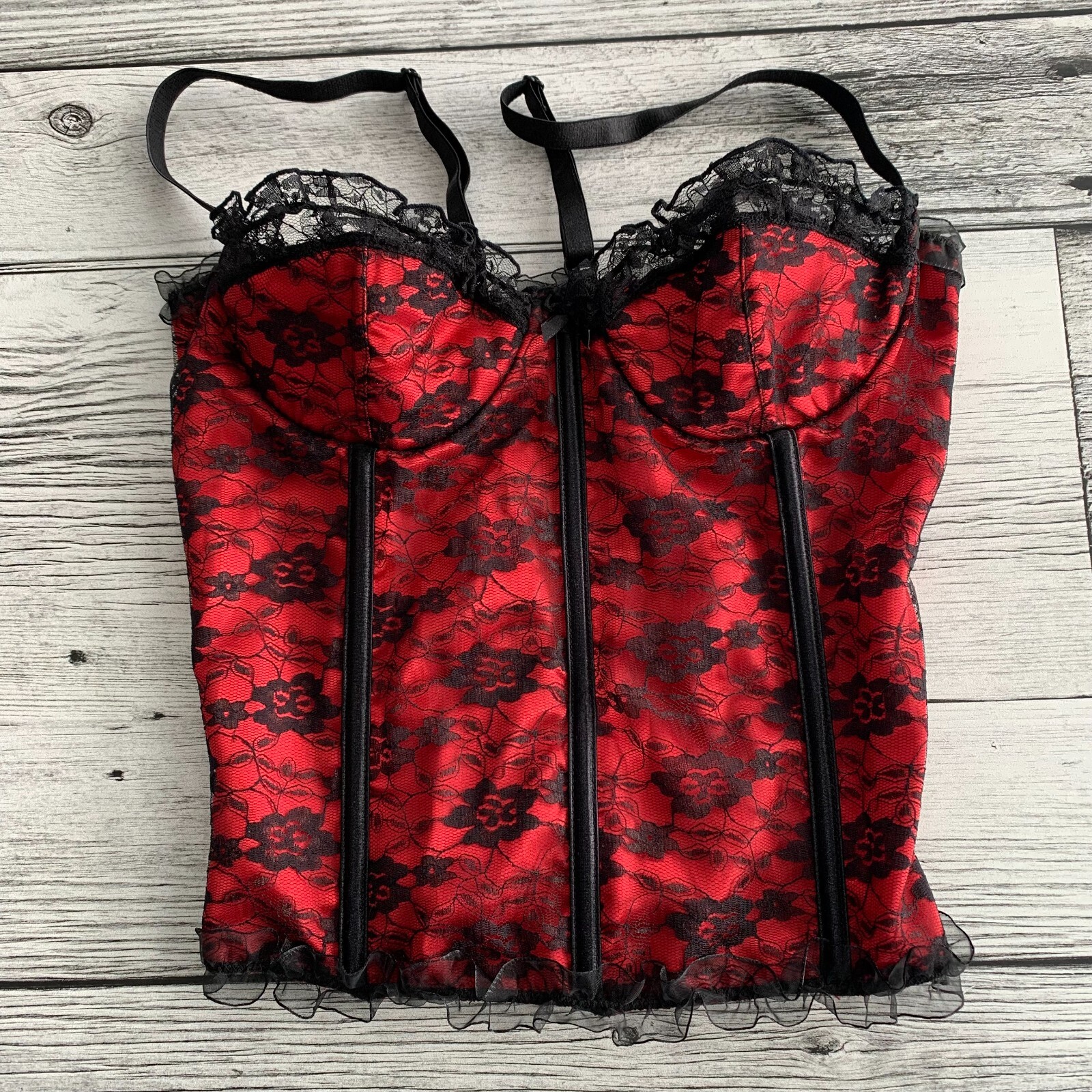 Coquette Corset Top Small Red Satin Black Lace Bustier Whimsigoth Y2K Valentine-image