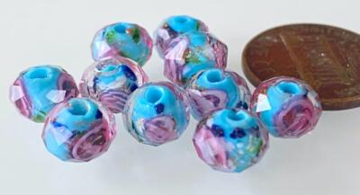 Fancy 6 x 7mm Faceted Floral Blue Pink Glass Beads 10