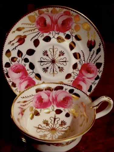 Antique Copeland Spode 3886 Swansea Pink Rose Gilded Teacup and Saucer - Picture 3 of 3