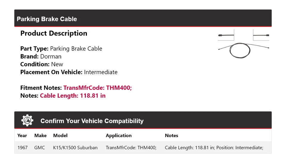 Cable de freno de estacionamiento intermedio para GMC K15/K1500 1967 Suburban Dorman Foto 2 de 3