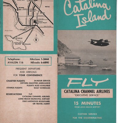 1960' USA Catalina Channel Airlines Passenger Fares Timetable Leaflet Sheet