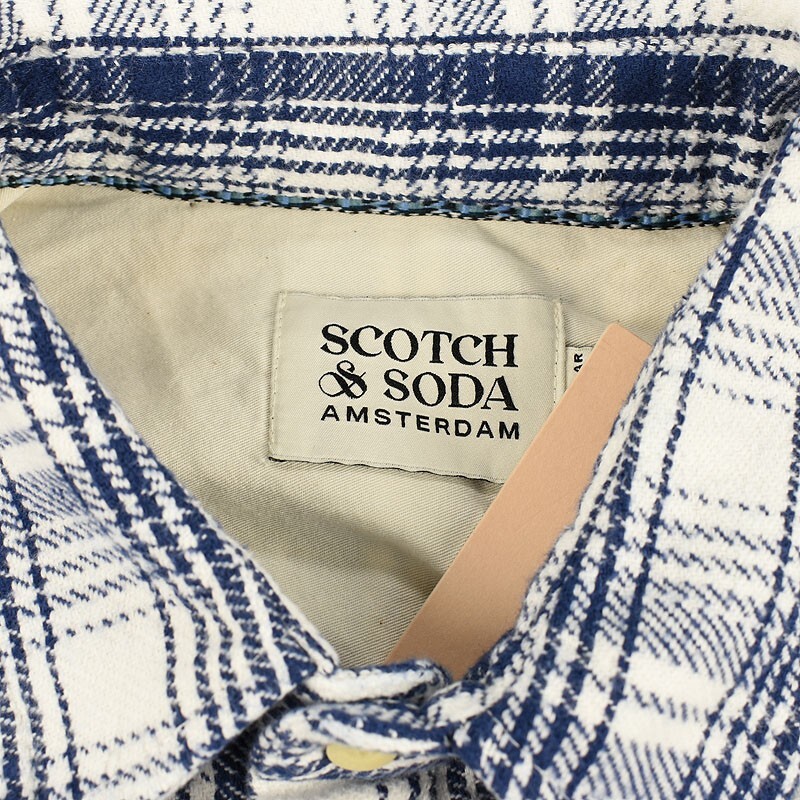 SCOTCH & SODA Mens Blue White Check Regular Fit Cotton Flannel Shirt XL NWT