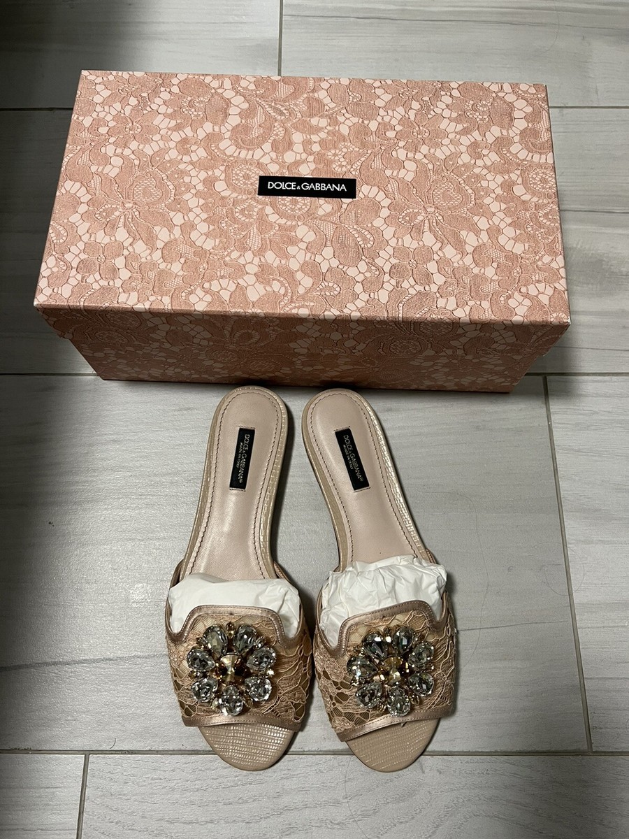 【DOLCE & GABBANA】 Bianca Lace Sl Dolce & Gabbana - Bianca Embellished Lace Slide in Grigio Scuro