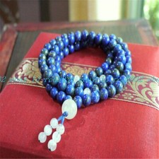 6MM Lapis Lazuli Gemstone Mala Tassel Bracelet 108 Beads Unisex Bless Gemstone