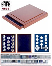 SAFE-6835-Holzm&uuml;nzbox-NOVA-Exquisite-14-runde-F&auml;cher-35 mm blaue Velourseinlage
