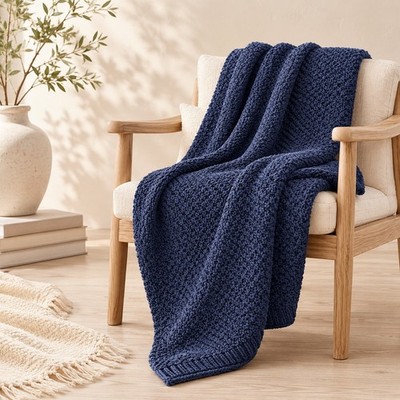 Threshold Navy Blue Oversized Chunky Knit Throw Blanket 50x70 Recycled Polyester